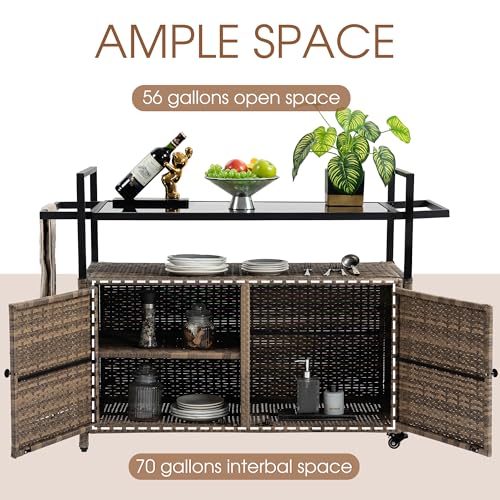 HOMEFUN Outdoor Bar Cart Table - Patio Console Storage Cabinet BBQ Grill Carts Buffet with Wheels Waterproof Wicker Serving Tables for Outside, Brown - color: 01-brown