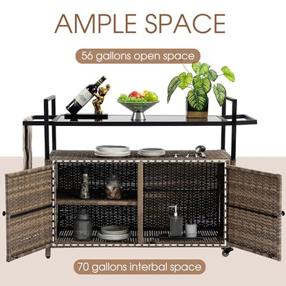 HOMEFUN Outdoor Bar Cart Table - Patio Console Storage Cabinet BBQ Grill Carts Buffet with Wheels Waterproof Wicker Serving Tables for Outside, Brown - color: 01-brown