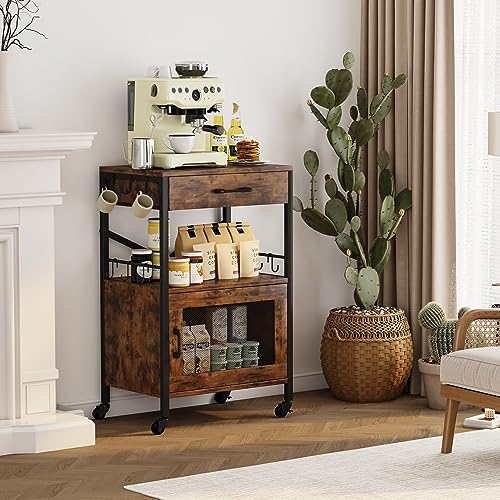 Homeiju Kitchen Island Cart, Kitchen Storage Cart with Drawer, Microwaves Stand, Coffee Cart, Rolling Kitchen Cabinet Cart with Hooks for Kitchen, Dining Room - color: Black and Brown