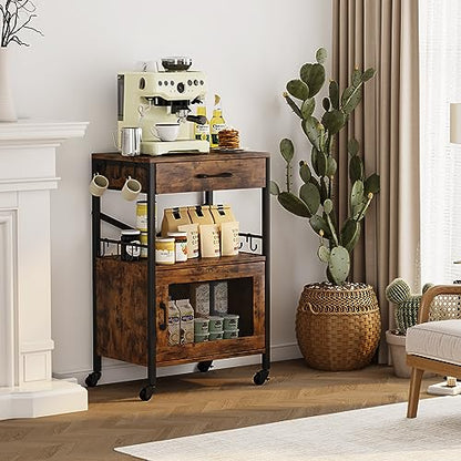 Homeiju Kitchen Island Cart, Kitchen Storage Cart with Drawer, Microwaves Stand, Coffee Cart, Rolling Kitchen Cabinet Cart with Hooks for Kitchen, Dining Room - color: Black and Brown