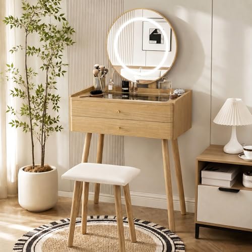 Glass Top Vanity Desk with Mirror and Lights, Small Makeup Table with Cushioned Stool, 2 Drawers Compact Vanity for Small Spaces with 6 Grid Organizer, 3 Lighting Modes, Natural Oak