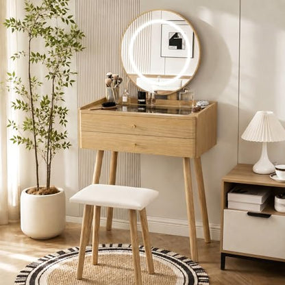 Glass Top Vanity Desk with Mirror and Lights, Small Makeup Table with Cushioned Stool, 2 Drawers Compact Vanity for Small Spaces with 6 Grid Organizer, 3 Lighting Modes, Natural Oak