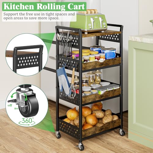 4 Tier Rolling Storage Utility Snack Cart on Wheels | durable metal and wood frame, suitable for kitchen bathroom pantry vanity bedroom living room dorm, no shake, move smoothly