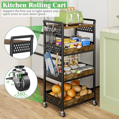4 Tier Rolling Storage Utility Snack Cart on Wheels | durable metal and wood frame, suitable for kitchen bathroom pantry vanity bedroom living room dorm, no shake, move smoothly