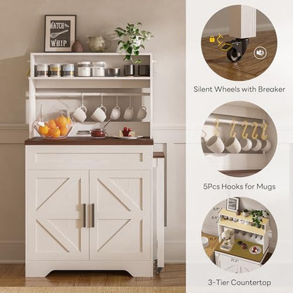 LIKIMIO 57" Farmhouse Coffee Bar Cabinet with Extendable Table & Locking Wheels, Mobile Kitchen Island Storage Cart with Magnetic Board, 5 Hooks, Adjustable Shelf, Space Saving for Apartment, White