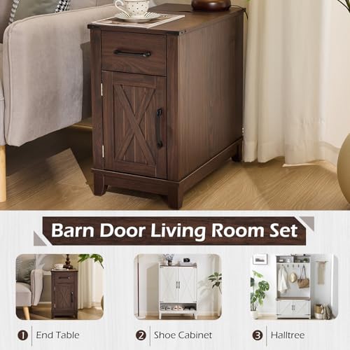EROMMY Farmhouse End Table with Charging Station, Narrow Side Table for Living Room, Nightstand with Drawer and Storage Cabinet, Adjustable Shelf, Choco - color: Choco