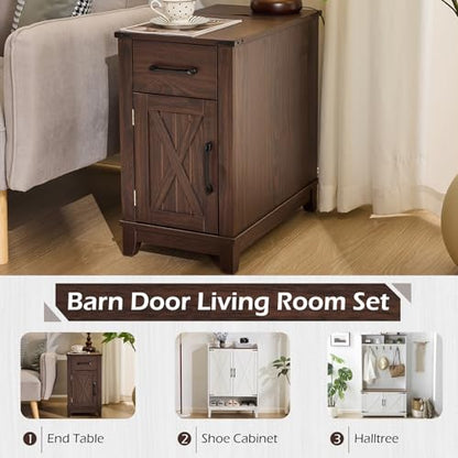 EROMMY Farmhouse End Table with Charging Station, Narrow Side Table for Living Room, Nightstand with Drawer and Storage Cabinet, Adjustable Shelf, Choco - color: Choco