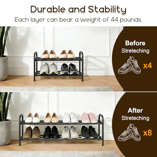 2-Tier Expandable Shoe Rack, Adjustable Shoe Shelf Storage Organizer Durable Metal Free Standing Shoe Rack for Entryway Closet Doorway (Black) - size: 2 Tier