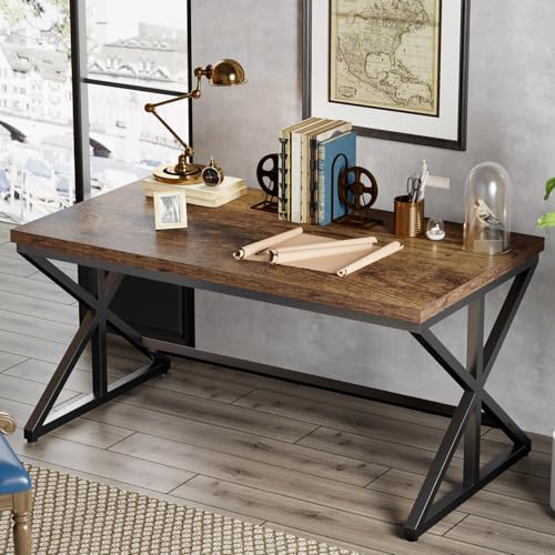 Industrial Computer Desk, Wooden Metal Office Desks Rustic Brown 60 in | Large Long Simple Gaming Executive Computer Desk Table, Wood Student Study Computer Table for Bedroom Living Room - color: Rustic Brown Oak, size: 60 Inch