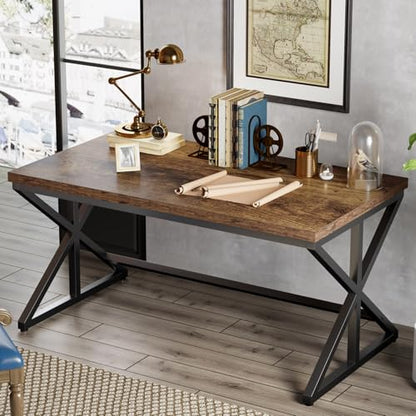 Industrial Computer Desk, Wooden Metal Office Desks Rustic Brown 60 in | Large Long Simple Gaming Executive Computer Desk Table, Wood Student Study Computer Table for Bedroom Living Room - color: Rustic Brown Oak, size: 60 Inch