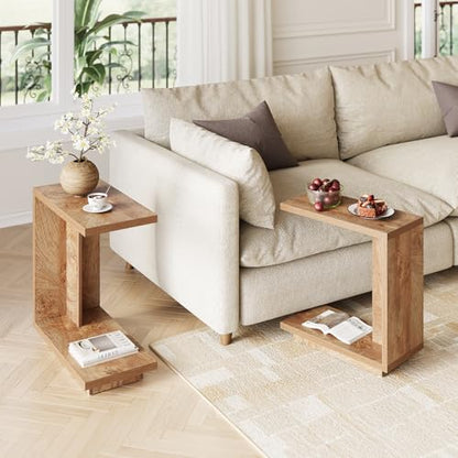 LITTLE TREE C-Shaped Side Table, Narrow 2-Tier End Table for Living Room, Couch, Bedroom, Bedside, Nightstand, Brown - size: 1