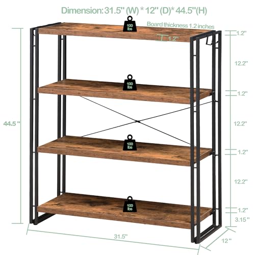 HCHQHS Bookshelf, 4-Tier Industrial Bookcase, Rustic Open Book Shelf, Freestanding Tall Bookshelves with Metal Frame - color: Rustic Brown, size: 4-Tier (31.5"W x 44.5"H)