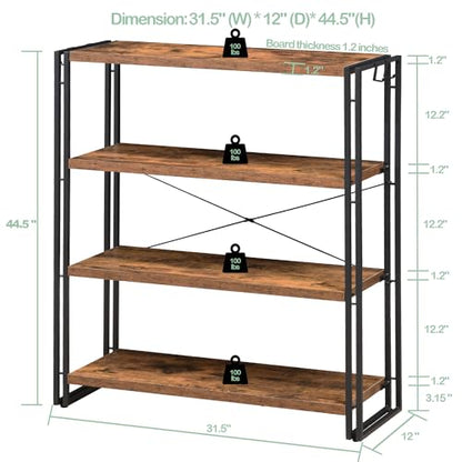 HCHQHS Bookshelf, 4-Tier Industrial Bookcase, Rustic Open Book Shelf, Freestanding Tall Bookshelves with Metal Frame - color: Rustic Brown, size: 4-Tier (31.5"W x 44.5"H)