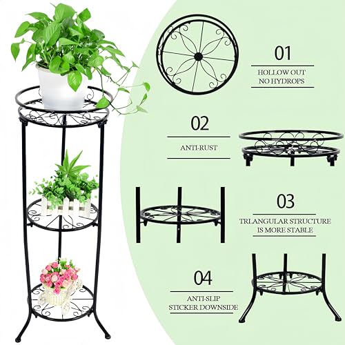 FAMZ Plant Stand Indoor Outdoor, 3 Tier Tall Black Metal Plant Stands, 35 inch Round Multiple Plant Rack Holder Rack Flower Pot Stand Heavy Duty Plant Shelf for Patio Balcony Garden Living Room