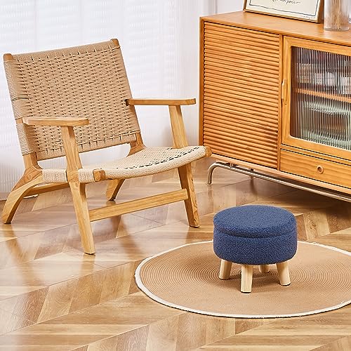 Wimarsbon Storage Ottoman, Modern Round Footrest with Soft Padded Seat, Teddy Velvet Footstool with Wood Legs, Accent Small Table or Plant Stand for Hallway, Living Room (Grey-Blue) - color: Dark Grey Blue