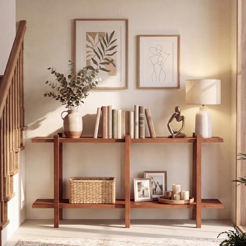 GOFLAME 2-Tier Wood Bookshelf, Mid-Century Modern Console Table with Storage Shelf, Solid Rubber Wood Legs, Horizontal Display Shelving Rack, Wooden Sofa Table for Living Room, Entryway, Walnut