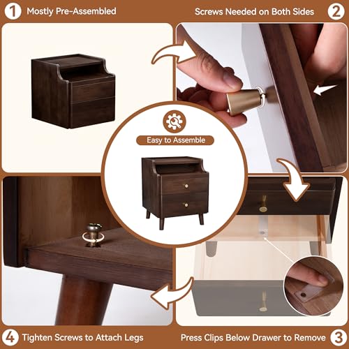 Nightstand with Drawers, Pre-Assembled, 19.7" H Natural Solid Wood Night Stand with Open Sliding Shelf, Mid Century Modern Small Bedside Table Cabinet for Bedroom, Black Walnut 16" - color: Black Walnut, size: 16"