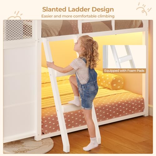 BTHFST Low Bunk Bed Twin Over Twin with 8 Fabric Drawers & Bookshelf, Twin Bunk Beds with RGB LED Lights, Windows, Metal Bunk Beds for Kids with Slanted Ladder & Safety Guardrails, Space Saving, White