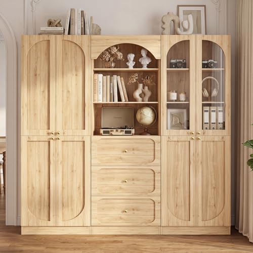 Cyclysio 80" Tall Bookcase System with 3 Drawers, Arched Bookshelf with Glass Doors, Wooden Pantry Storage Organizer Cabinets with 3-Tier Open Shelves for Living Room, Kitchen, Bathroom - color: Natural