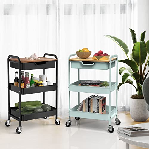 3 Tier Rolling Cart, Utility Cart with Drawer& Table Top, Mint Green | Metal Rolling Kitchen Storage Organizer Cart with Locking Wheels for Bathroom, Office, Balcony, Living Room, Classroom - color: Light Green