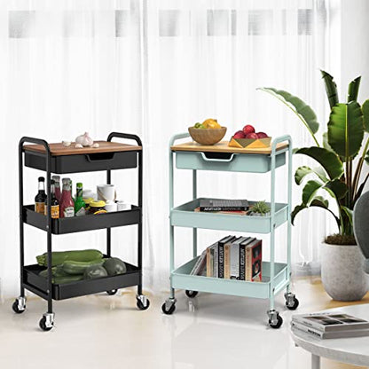 3 Tier Rolling Cart, Utility Cart with Drawer& Table Top, Mint Green | Metal Rolling Kitchen Storage Organizer Cart with Locking Wheels for Bathroom, Office, Balcony, Living Room, Classroom - color: Light Green