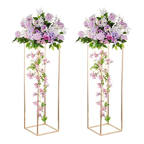 Gold Tall Stand for Wedding: 39.4in, With Metal Panel, Packs of 2 | Columnar Cube Shape, Easy to Assembly, Flowers Cakes Drinks Display Table Centerpieces for Wedding Party Event - color: Gold-2PSC, size: 39.4 inches - 2 Pcs