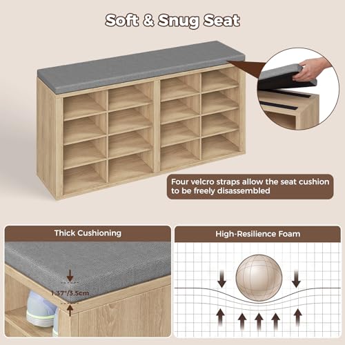 ITEFDTUTNE Shoe Rack Bench 40.94" Entryway Bench with Shoe Storage 16 Cubby Wood Shoe Organizer Bench with Removable Cushion for Hallway, Living Room, Bedroom and Garage - color: Natural Wood + Light Gray