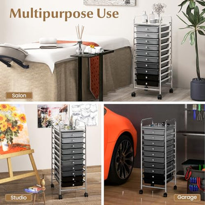 DREAMADE Rolling Cart with Storage Drawers, Utility Cart with Removable Plastic Drawers, Lockable Wheels, Art Cart for Classroom Organization Art Supplies Office Scrapbook (10 Drawers, Mixed-black) - color: Mixed-black, style: 10 Drawers