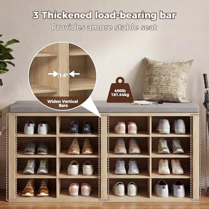 ITEFDTUTNE Shoe Rack Bench 40.94" Entryway Bench with Shoe Storage 16 Cubby Wood Shoe Organizer Bench with Removable Cushion for Hallway, Living Room, Bedroom and Garage - color: Natural Wood + Light Gray