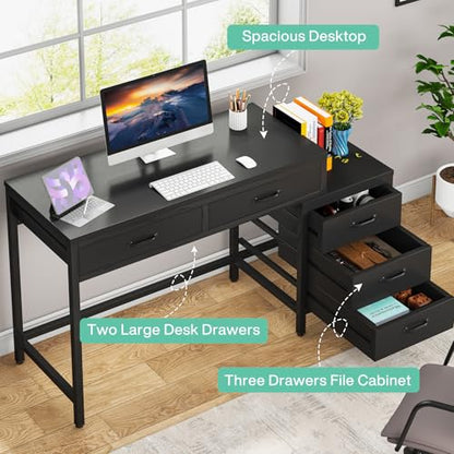 Tribesigns Computer Desk with 5 Drawers, Home Office Desks with Reversible Drawer Cabinet Printer Stand, Industrial PC Desk with Storage, Rustic Study Writing Table Workstation for Small Spaces, Black - color: Black