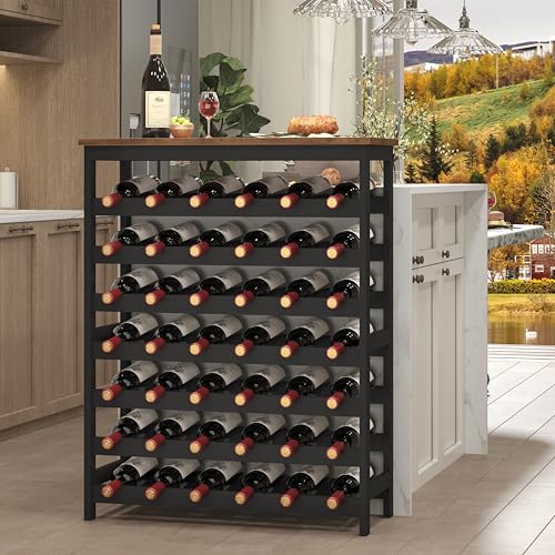 42 Bottles Wine Rack Freestanding Floor, Brown Table Top, Kitchen Cellar - color: Rustic Brown and Black