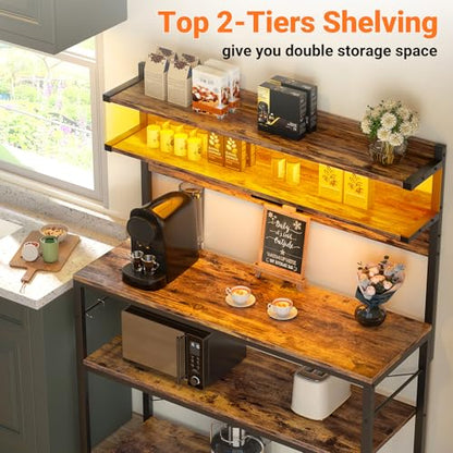 Aheaplus Bakers Rack with Power Outlet, Microwave Stand, 5 Tiers Coffee Bar Station with Led Lights, Kitchen Storage Shelf with 6 S-shaped Hooks, Kitchen Rack Coffee Bar Stand, Rustic Brown - color: Rustic Brown, size: 31.5 inch