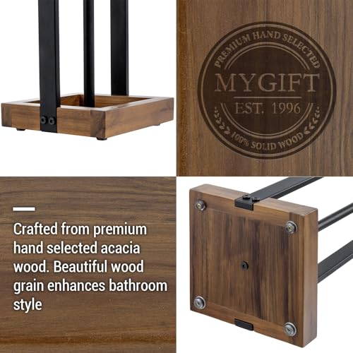MyGift Freestanding Toilet Paper Holder with Reserve Roll Storage, Bathroom Floor Toilet Paper Holder Stand Organizer, Industrial Matte Black Metal and Burnt Wood