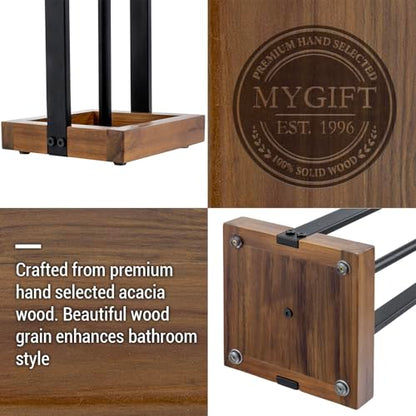MyGift Freestanding Toilet Paper Holder with Reserve Roll Storage, Bathroom Floor Toilet Paper Holder Stand Organizer, Industrial Matte Black Metal and Burnt Wood