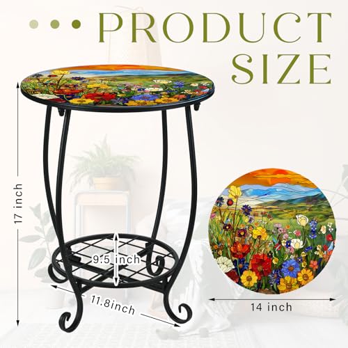 Cinnvoice Outdoor Side Table Round Small Mosaic Patio Accent Indoor End Plant Coffee Tea Table for Yard Patio Porch Garden Living Room, Bedroom(Flower Style,14 Inch) - size: 14 Inch, style: Flower Style