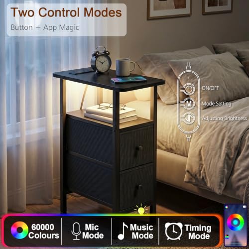 LOAKEKEL Narrow Nightstand with Charging Station, End Tables Living Room | Set of 2, Skinny Side Table with 2 Fabric Drawers, Small Sofa Table with LED Light for Bedroom, Black - color: Black, style: Power + Light