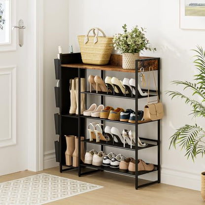 Brown 5-Tier Shoe Organizer - Free Standing Shoe Rack with Storage Bag for High Heels, Entryway, Hallways, Closets, Dormitory Rooms - size: 5 Tier with Side Bag