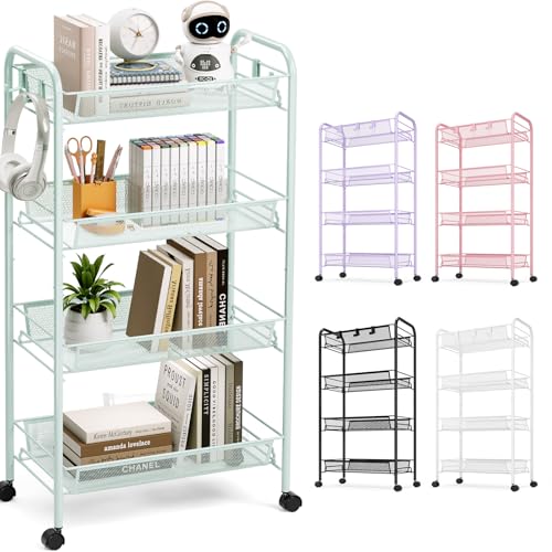TOOLF 4-Tier Rolling Cart, Metal Utility Cart with 3 Hooks, Easy Assemble Mobile Storage Trolley On Wheels, Metal Shelving Units Kitchen Bathroom Laundry Room - color: Green, size: 4-Tier