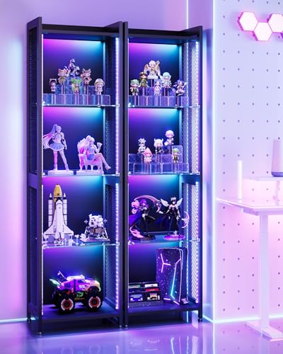 AODK Display Case with LED Lights, Display Cabinet with Open Glass Shelves for Small Space, 4-Tier Corner Display Shelf with Industrial Mesh, Curio Cabinet for Collectibles, Bookcase - size: 63 Inch