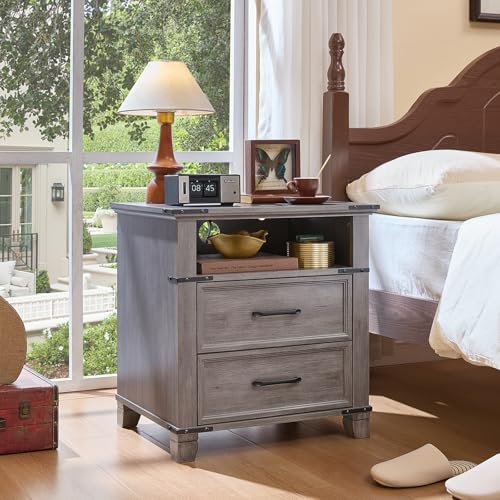 22" Farmhouse Nightstand Set of 2 with Charging Station,End Table with 2 Drawers,Rustic Wood Dresser for Bedroom,Bed Side Table Chest of Drawers Cabinet,Night Stand for Living Room,Grey - color: Grey