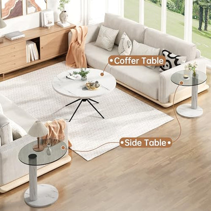 Hooseng Set of 2 Round Coffee Tables, Faux Marble Top and Modern Tempered Transparent Glass Top,Perfect for Living Room,Cafe,Home,and Office(Coffee Table+Side Table) - color: Coffee Table+side Table