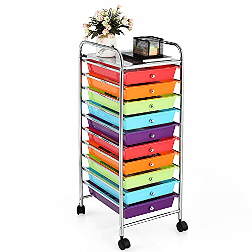 GOFLAME 10-Drawer Rolling Storage Drawer Cart, Utility Cart with Removable Drawers & Metal Frame, Mobile Art Craft Drawer Cart with Lockable Wheels for Home, Office, Studio, School, Multicolor - color: Multicolor, size: 10-Drawer without Wood Top