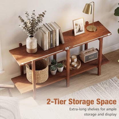 GOFLAME 2-Tier Wood Bookshelf, Mid-Century Modern Console Table with Storage Shelf, Solid Rubber Wood Legs, Horizontal Display Shelving Rack, Wooden Sofa Table for Living Room, Entryway, Walnut