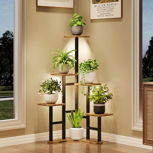 Yzosvki Corner Plant Stand Indoor with Grow Lights, 6 Tiered Corner Plant Shelf Flower Stand for Multiple Plants, Plant Shelves Organizer Rack for Living Room, Balcony, Patio, Square Rustic Brown - color: Rustic Brown(with Lights), size: 6 Tier-Square