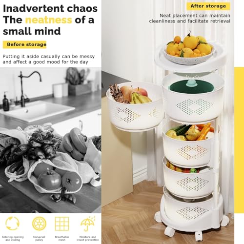 5 Tier Kitchen Storage Cart, Circular Rotating Basket, Storage Rack with 360 Degree Wheels, Fruit And Vegetable Storage, Fruit Vegetable Shelf, Rotatable Basket for Kitchen Bathroom White Five Layers