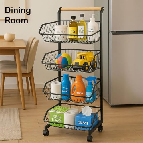 4-Tier Rolling Storage Cart with Wheels, Adjustable Metal Fruit & Vegetable Basket Organizer with Wood Handle, Mesh Wire Utility Rack for Kitchen, Pantry, Bathroom, Black