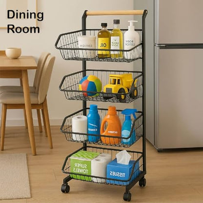 4-Tier Rolling Storage Cart with Wheels, Adjustable Metal Fruit & Vegetable Basket Organizer with Wood Handle, Mesh Wire Utility Rack for Kitchen, Pantry, Bathroom, Black