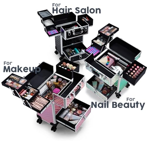 Rolling Makeup Case with Drawer Cosmetology Case on Wheels Makeup Trolley Sliding Drawer Makeup Travel Case for Esthetician, Mobile Stylist, Manicurist Barber Case Traveling Cart Trunk Glitter Pink - color: Pink