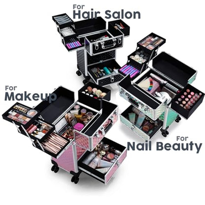 Rolling Makeup Case with Drawer Cosmetology Case on Wheels Makeup Trolley Sliding Drawer Makeup Travel Case for Esthetician, Mobile Stylist, Manicurist Barber Case Traveling Cart Trunk Glitter Pink - color: Pink
