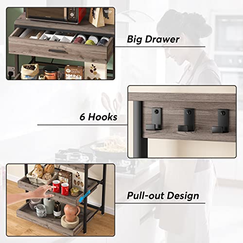 LITTLE TREE Kitchen Baker’s Rack with Power Outlets, Freestanding 5-Tier Microwave Stand with Drawers & Sliding Shelves, Coffee Bar with 6 Hooks for Dining Room Living Room, Grey & Black - color: Grey Black